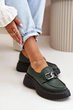 Online 20176 Półbuty Mokasyny Damskie Ze Skóry Naturalnej Ciemnozielone Damskie Półbuty Skórzane|Mokasyny Na Platformie