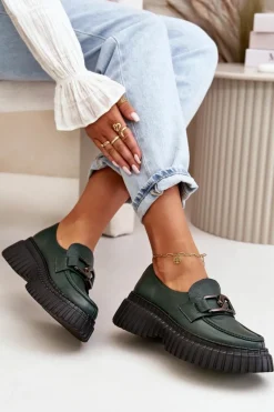 Online 20176 Półbuty Mokasyny Damskie Ze Skóry Naturalnej Ciemnozielone Damskie Półbuty Skórzane|Mokasyny Na Platformie