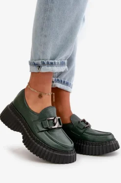 Online 20176 Półbuty Mokasyny Damskie Ze Skóry Naturalnej Ciemnozielone Damskie Półbuty Skórzane|Mokasyny Na Platformie