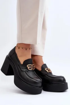 Best Zazoo 20170 Półbuty Skórzane Damskie Na Słupku Czarne Czarny