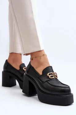 Best Zazoo 20170 Półbuty Skórzane Damskie Na Słupku Czarne Czarny