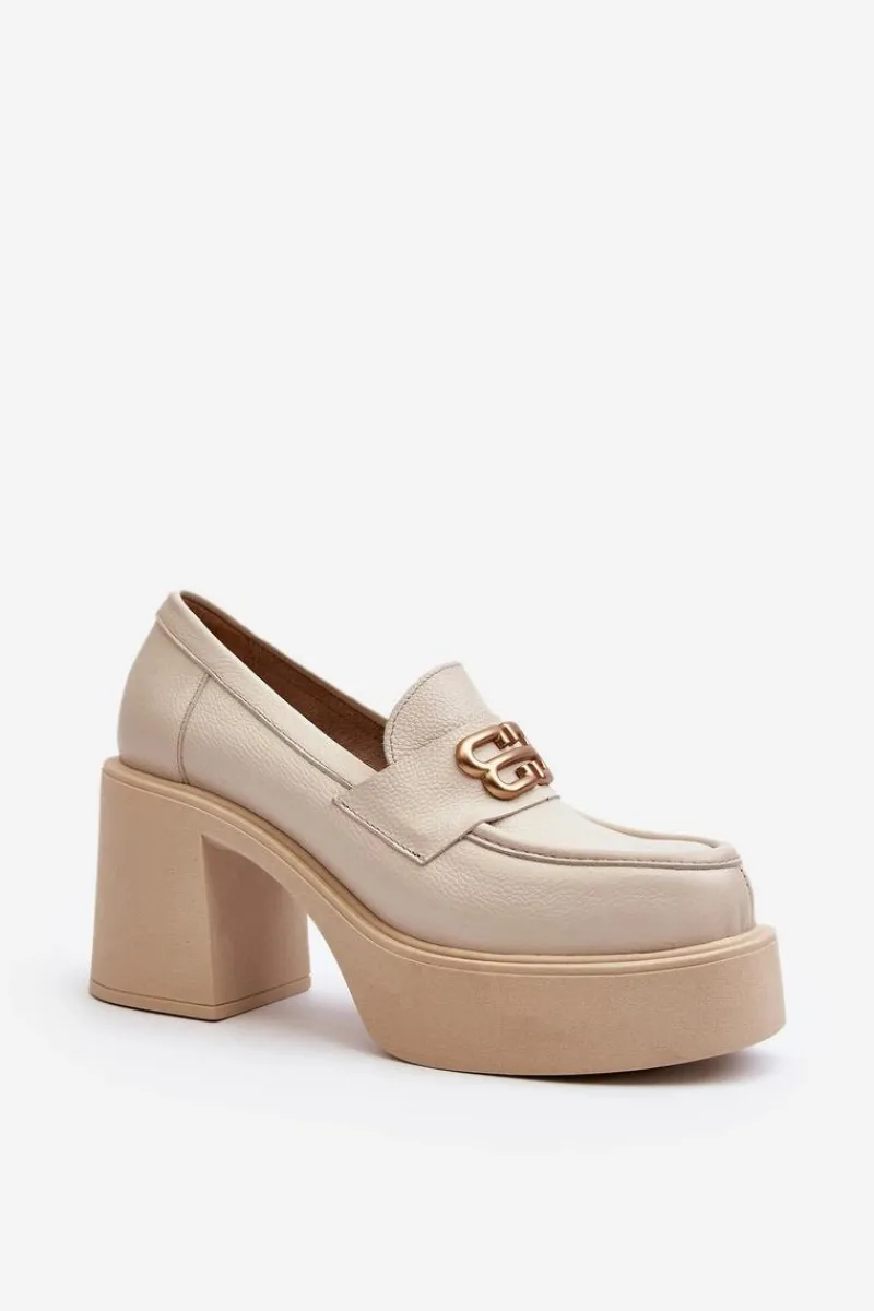 Clearance 20170 Półbuty Skórzane Damskie Na Słupku Jasnobeżowe Damskie Półbuty Skórzane