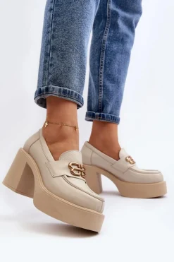 Clearance 20170 Półbuty Skórzane Damskie Na Słupku Jasnobeżowe Damskie Półbuty Skórzane