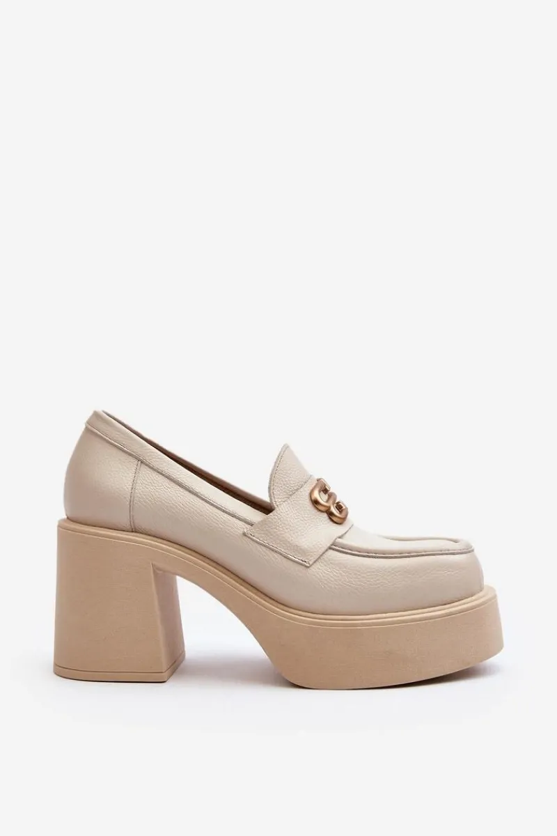 Clearance 20170 Półbuty Skórzane Damskie Na Słupku Jasnobeżowe Damskie Półbuty Skórzane