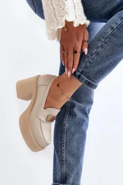 Clearance 20170 Półbuty Skórzane Damskie Na Słupku Jasnobeżowe Damskie Półbuty Skórzane