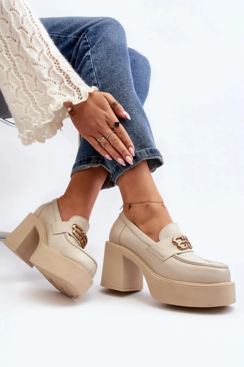 Clearance 20170 Półbuty Skórzane Damskie Na Słupku Jasnobeżowe Damskie Półbuty Skórzane