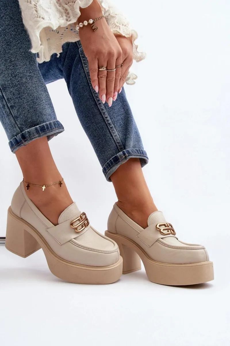 Clearance 20170 Półbuty Skórzane Damskie Na Słupku Jasnobeżowe Damskie Półbuty Skórzane