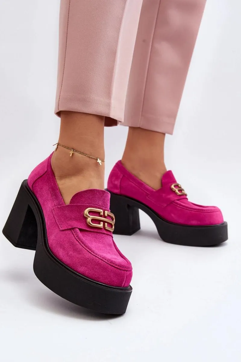 Półbuty Skórzane>Zazoo 20170 Półbuty Zamszowe Damskie Na Słupku Fuksja Różowy