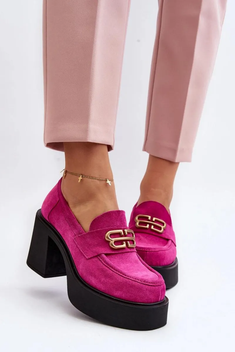 Półbuty Skórzane>Zazoo 20170 Półbuty Zamszowe Damskie Na Słupku Fuksja Różowy