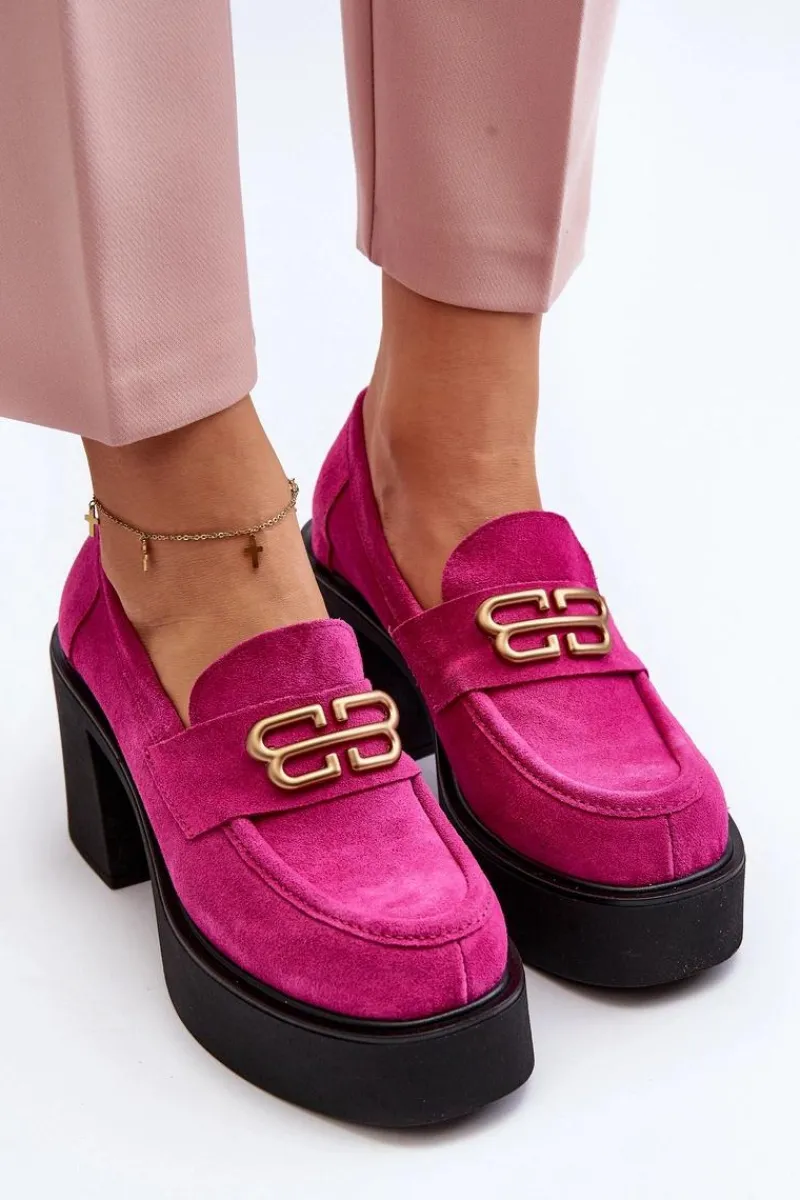 Półbuty Skórzane>Zazoo 20170 Półbuty Zamszowe Damskie Na Słupku Fuksja Różowy