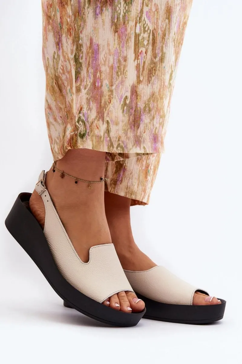 Sandały Płaskie>Zazoo 2893 Sandały Damskie Skórzane na Grubej Podeszwie Jasnobeżowe Beżowy