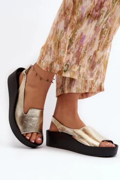 2893 Sandały Damskie Skórzane na Grubej Podeszwie Złote Damskie Sandały Płaskie