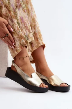 2893 Sandały Damskie Skórzane na Grubej Podeszwie Złote Damskie Sandały Płaskie