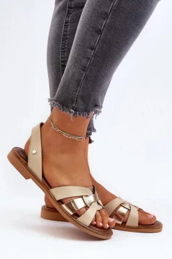 Sandały Płaskie></noscript>Zazoo 40382 Sandały Damskie Skórzane Beżowe