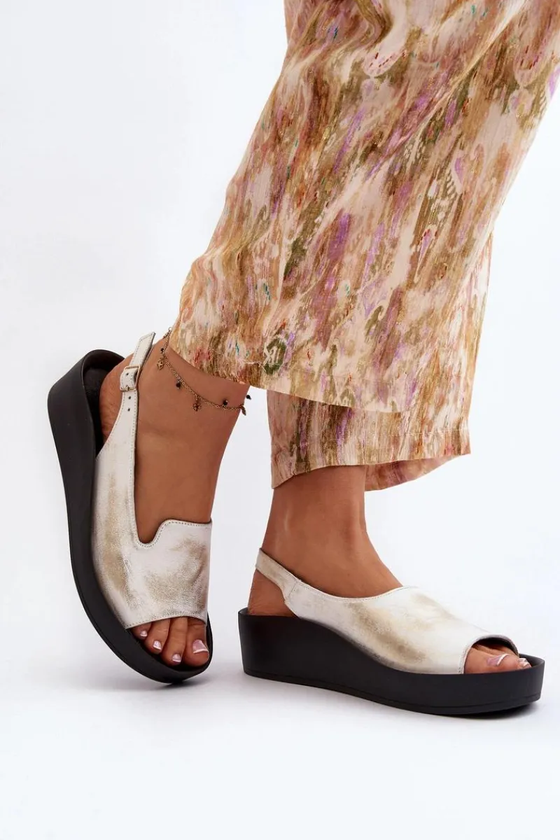 Zazoo 2893 Sandały Damskie Skórzane na Grubej Podeszwie Przecierany Złoty