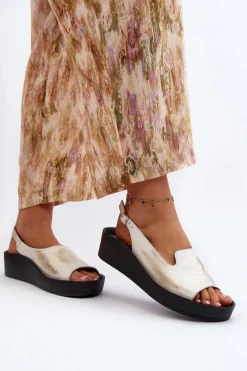 Zazoo 2893 Sandały Damskie Skórzane na Grubej Podeszwie Przecierany Złoty