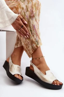 Zazoo 2893 Sandały Damskie Skórzane na Grubej Podeszwie Przecierany Złoty