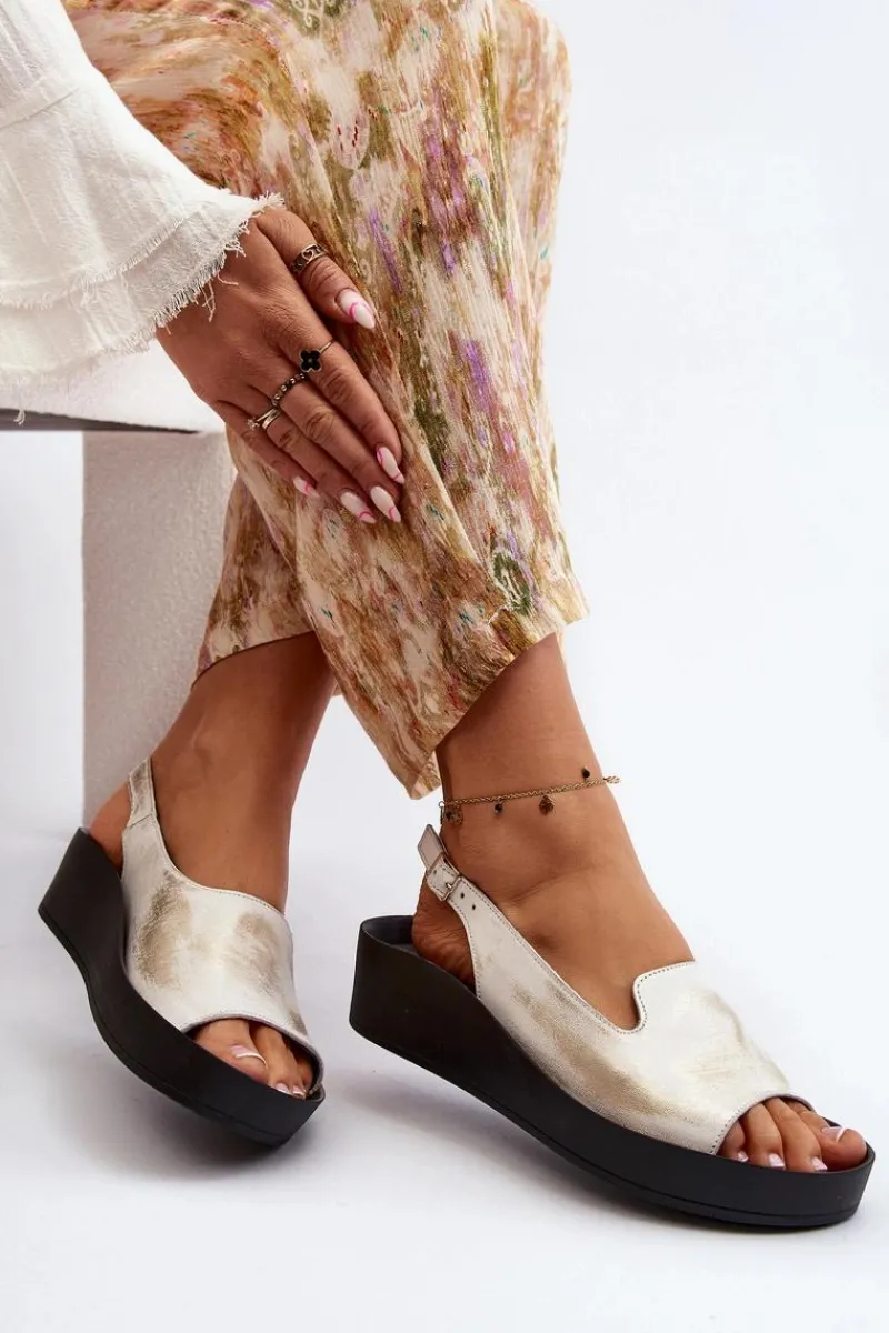 Zazoo 2893 Sandały Damskie Skórzane na Grubej Podeszwie Przecierany Złoty