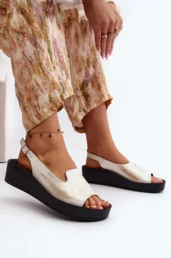 Zazoo 2893 Sandały Damskie Skórzane na Grubej Podeszwie Przecierany Złoty