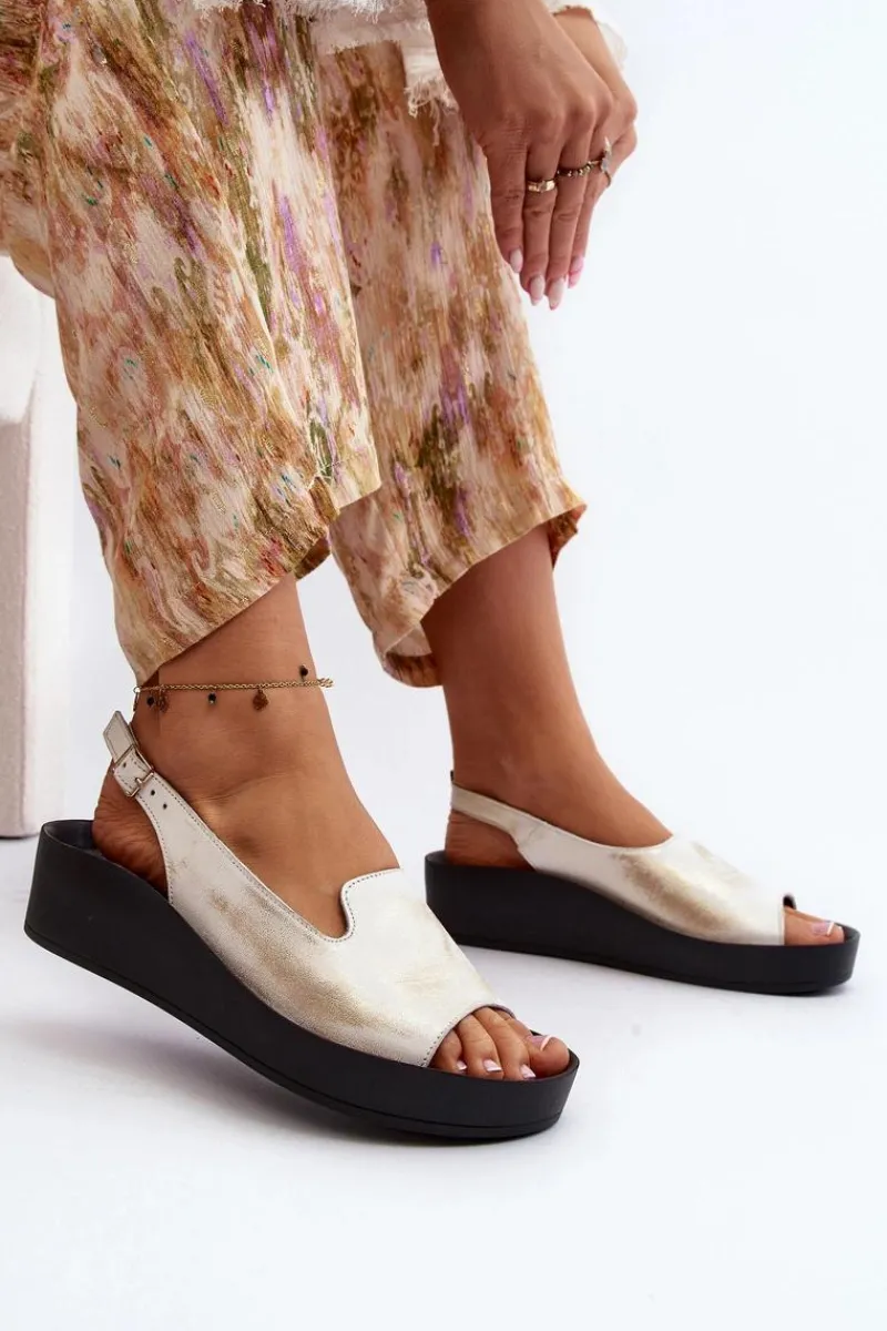 Zazoo 2893 Sandały Damskie Skórzane na Grubej Podeszwie Przecierany Złoty