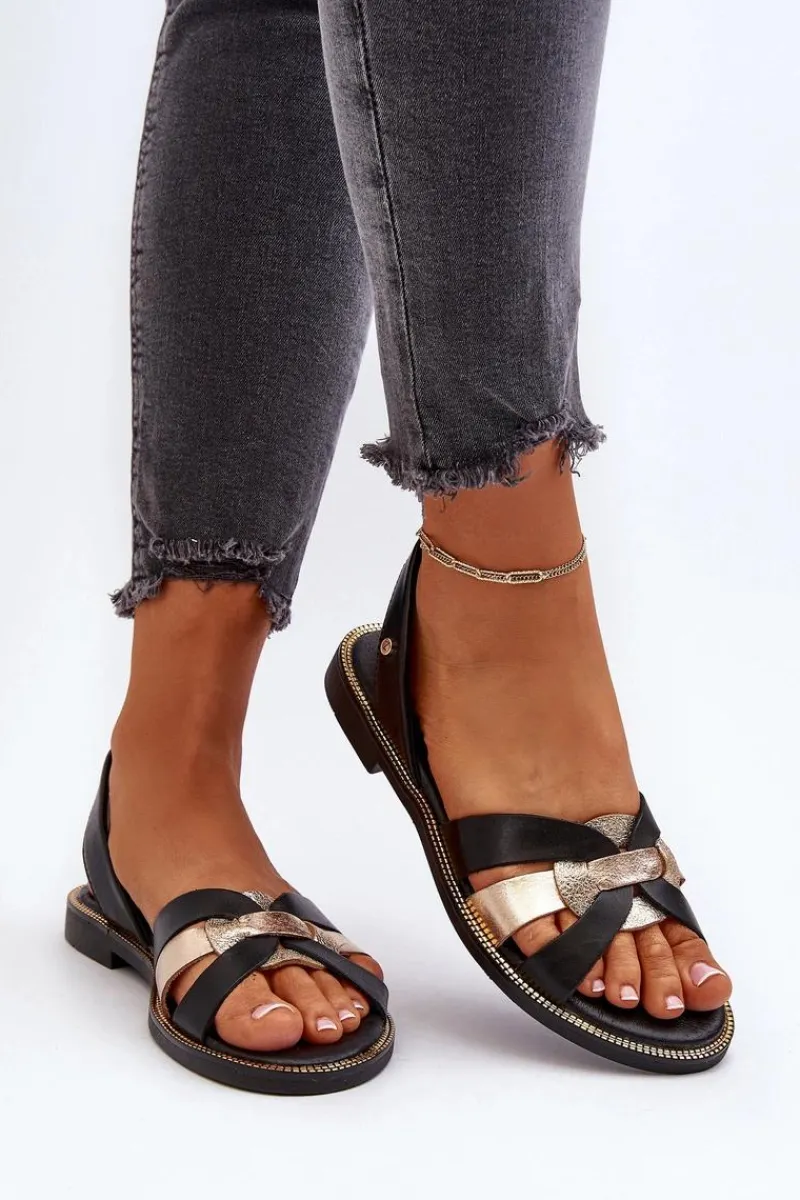 Discount 40382 Sandały Damskie Skórzane Czarne Damskie Sandały Płaskie