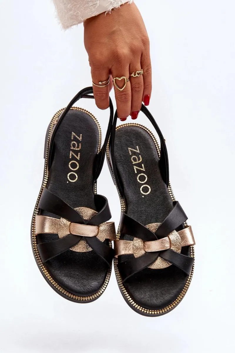 Discount 40382 Sandały Damskie Skórzane Czarne Damskie Sandały Płaskie