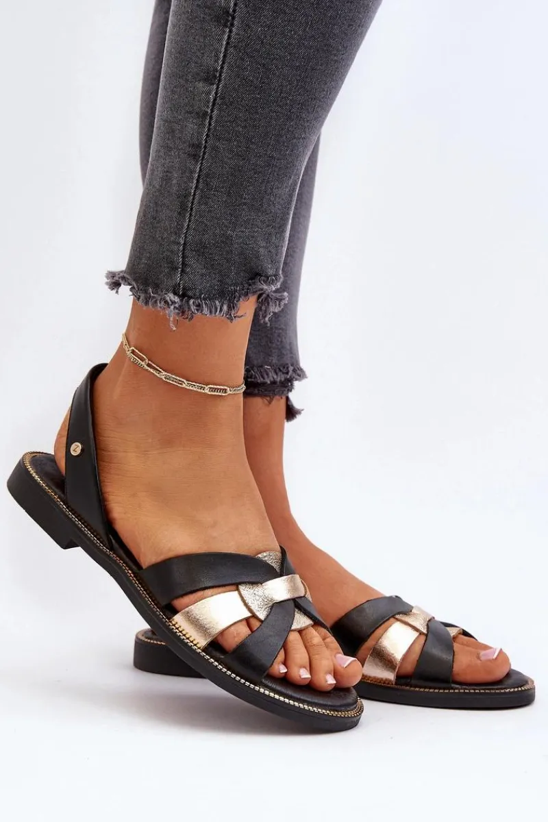 Discount 40382 Sandały Damskie Skórzane Czarne Damskie Sandały Płaskie