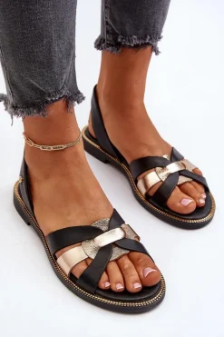 Discount 40382 Sandały Damskie Skórzane Czarne Damskie Sandały Płaskie