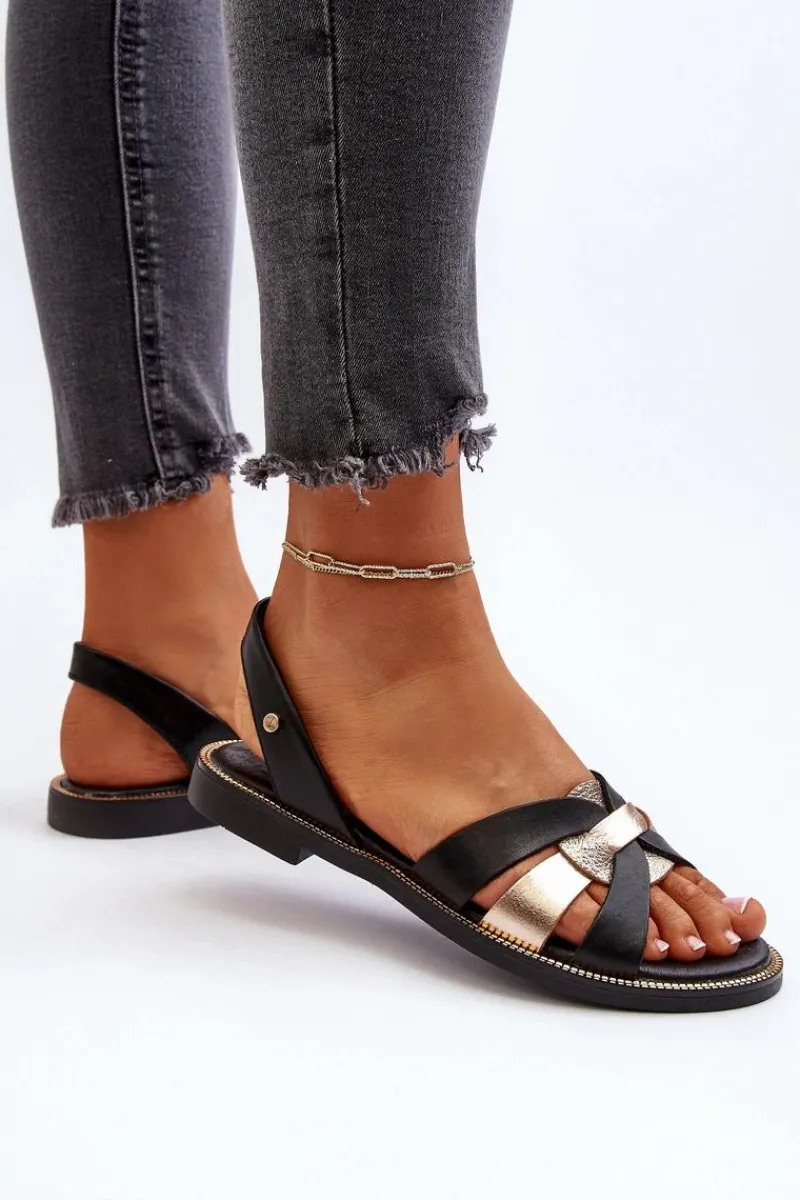 Discount 40382 Sandały Damskie Skórzane Czarne Damskie Sandały Płaskie