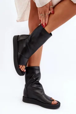 Zazoo 3441 Sandały Damskie Skórzane Z Cholewka Czarne