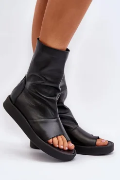 Zazoo 3441 Sandały Damskie Skórzane Z Cholewka Czarne