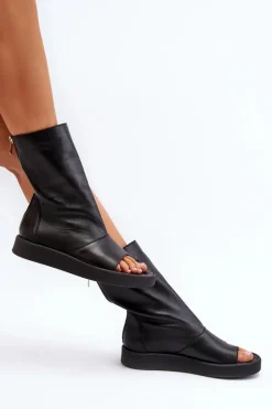 Zazoo 3441 Sandały Damskie Skórzane Z Cholewka Czarne