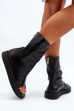 Zazoo 3441 Sandały Damskie Skórzane Z Cholewka Czarne