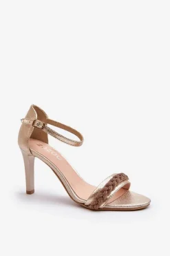 New 3328/2 Sandały Damskie Skórzane Na Szpilce Złote Damskie Sandały Na Obcasie