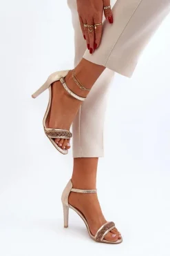 New 3328/2 Sandały Damskie Skórzane Na Szpilce Złote Damskie Sandały Na Obcasie