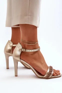 New 3328/2 Sandały Damskie Skórzane Na Szpilce Złote Damskie Sandały Na Obcasie
