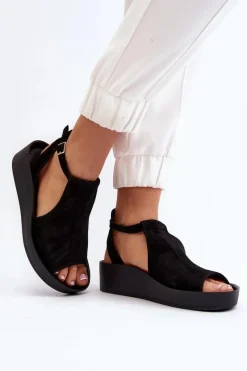 Hot 2914 Sandały Damskie Zamszowe Czarne Damskie Sandały Płaskie