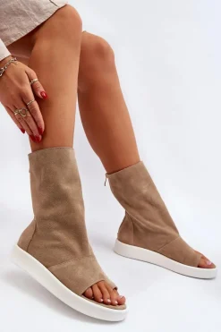 New 3441 Sandały Damskie Zamszowe Z Cholewka Ciemnobeżowe Damskie Sandały Płaskie