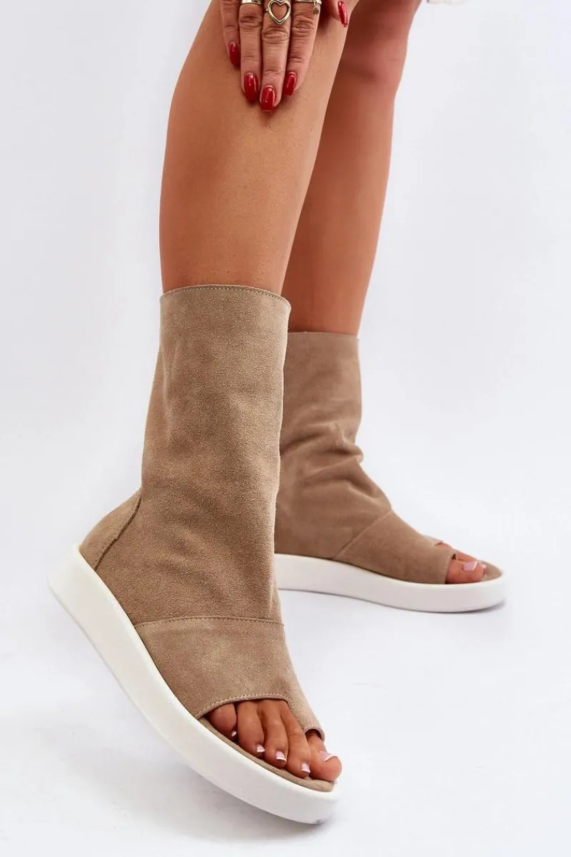 New 3441 Sandały Damskie Zamszowe Z Cholewka Ciemnobeżowe Damskie Sandały Płaskie