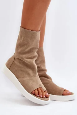 New 3441 Sandały Damskie Zamszowe Z Cholewka Ciemnobeżowe Damskie Sandały Płaskie