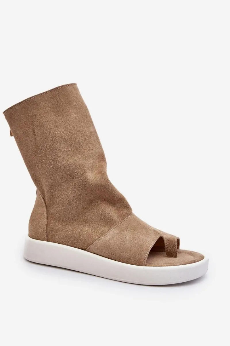 New 3441 Sandały Damskie Zamszowe Z Cholewka Ciemnobeżowe Damskie Sandały Płaskie