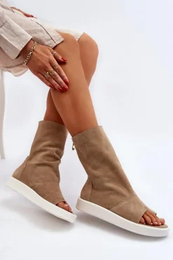 New 3441 Sandały Damskie Zamszowe Z Cholewka Ciemnobeżowe Damskie Sandały Płaskie