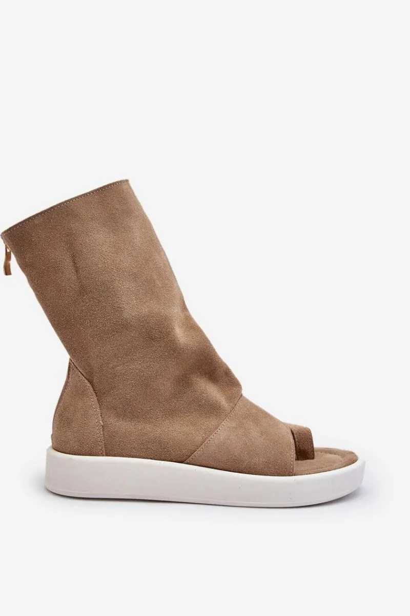 New 3441 Sandały Damskie Zamszowe Z Cholewka Ciemnobeżowe Damskie Sandały Płaskie