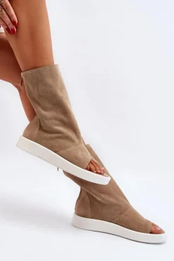 New 3441 Sandały Damskie Zamszowe Z Cholewka Ciemnobeżowe Damskie Sandały Płaskie