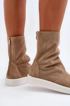 New 3441 Sandały Damskie Zamszowe Z Cholewka Ciemnobeżowe Damskie Sandały Płaskie