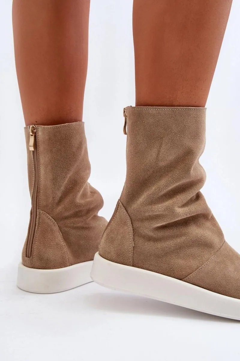 New 3441 Sandały Damskie Zamszowe Z Cholewka Ciemnobeżowe Damskie Sandały Płaskie