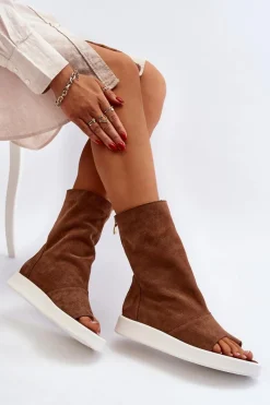 Sandały Z Cholewką|Sandały Płaskie>Zazoo 3441 Sandały Damskie Zamszowe Z Cholewka Brązowe Brązowy