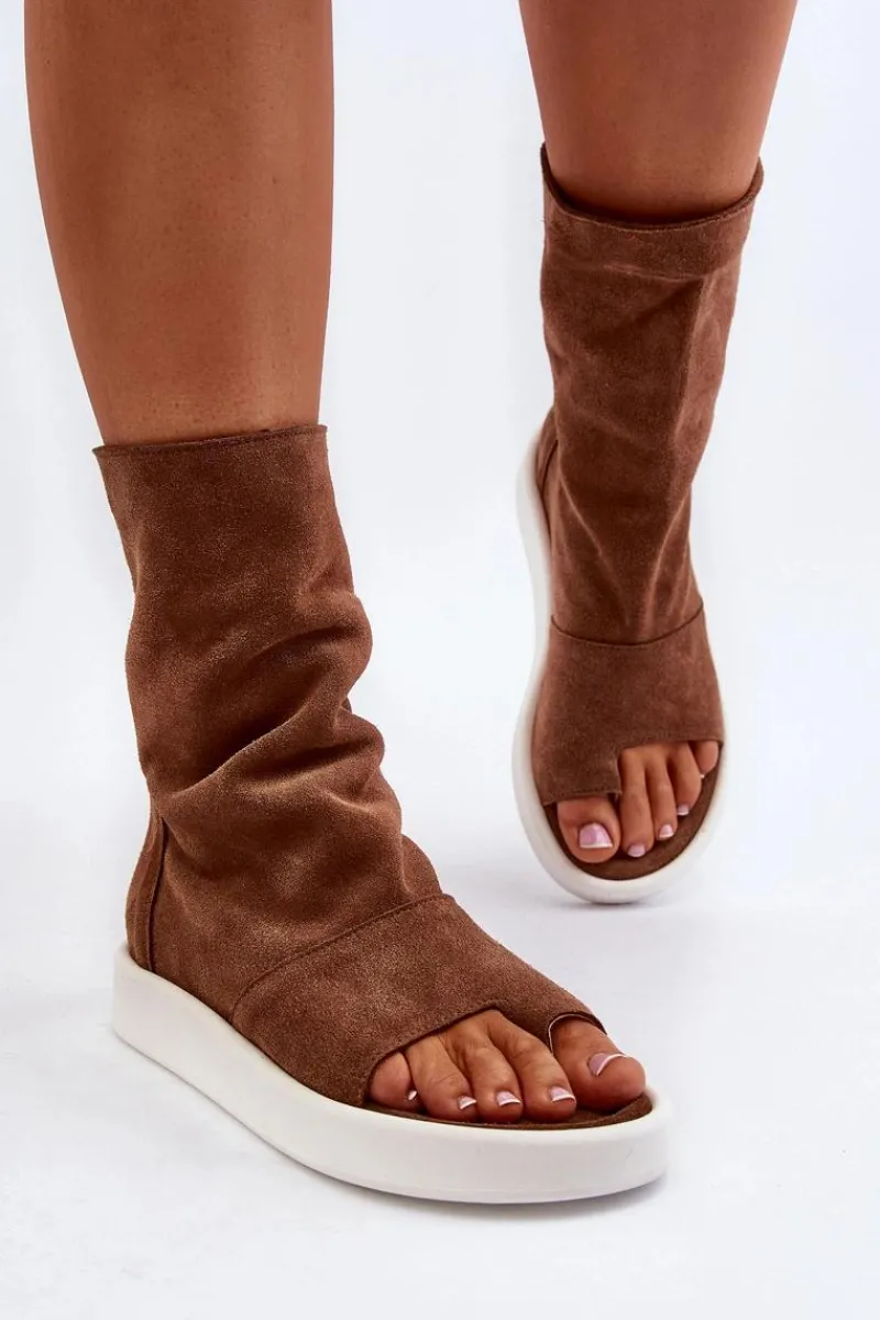 Sandały Z Cholewką|Sandały Płaskie>Zazoo 3441 Sandały Damskie Zamszowe Z Cholewka Brązowe Brązowy