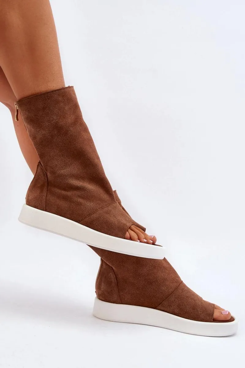 Sandały Z Cholewką|Sandały Płaskie>Zazoo 3441 Sandały Damskie Zamszowe Z Cholewka Brązowe Brązowy