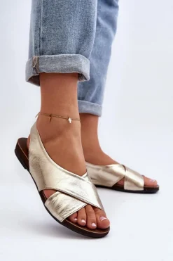 Hot 40407 Sandały Skórzane Damskie Złote Damskie Sandały Płaskie